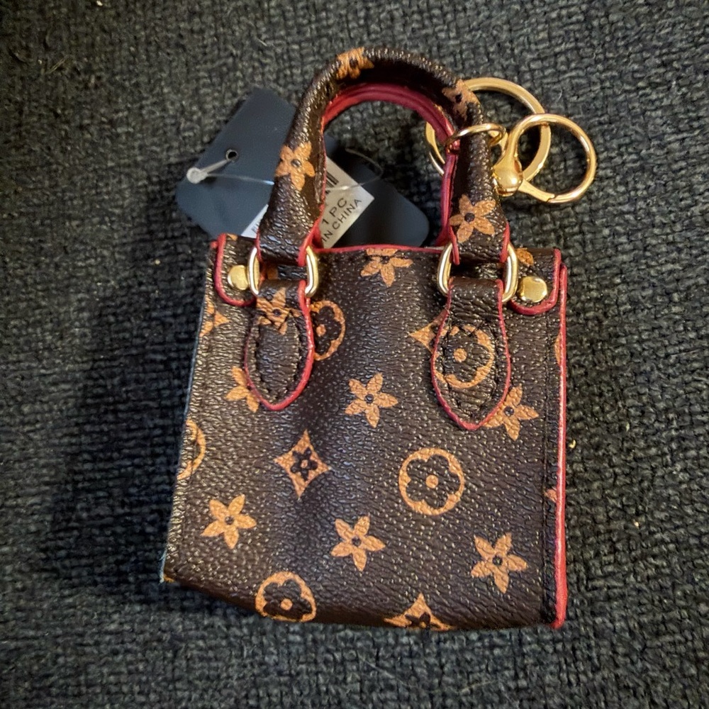Monogram Mini Tote Keychain in Brown and Tan
